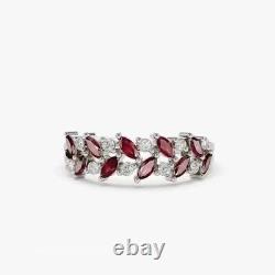 Marquise Cut Simulated Ruby Women's Engagement Band Ring 14K White Gold Plated