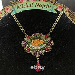 Michal Negrin Necklace Large With Swarovski Crystals Cameo Flowers Statement Box