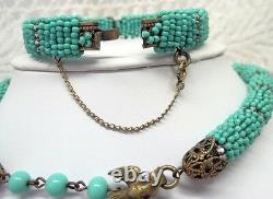 Miriam Haskell Signed Beautiful Turquoise Rhinestone Necklace Bracelet Set