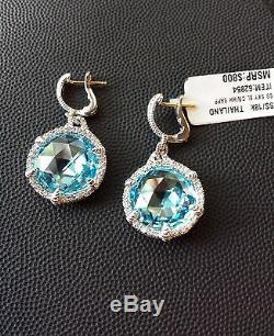 NEW Judith Ripka Round Sky Blue Crystal Earrings with Micro Pave White Sapphire