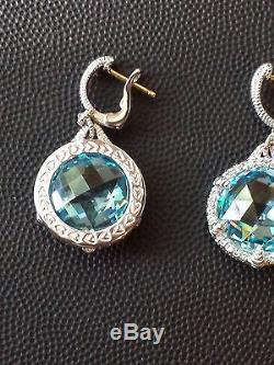 NEW Judith Ripka Round Sky Blue Crystal Earrings with Micro Pave White Sapphire
