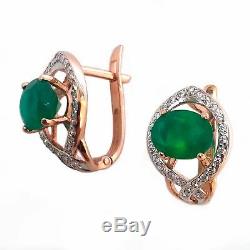 NEW Russian jewelry Earrings USSR style Gold Rose 14K 585 3.46g zircon chrysopra