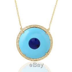Natural Diamond Lapis Turquoise Pendant Necklace 18k Yellow Gold Fashion Jewelry