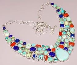 Natural Tibetan Turquoise Lapis Coral. 925 Sterling Silver Plated Necklace