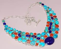 Natural Tibetan Turquoise Lapis Coral. 925 Sterling Silver Plated Necklace