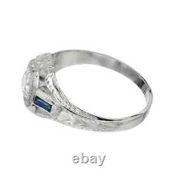 Old European Cut White CZ & Baguette Cut Blue Sapphire 1.10 CT Silver Men's Ring