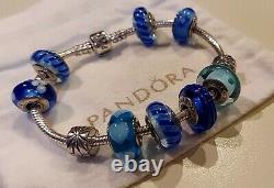 PANDORASterling Silver & Blue Murano Glass Loaded Bracelet with 10 CharmsEUC