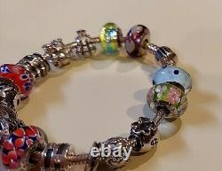 PANDORASterling Silver Fully Loaded Bracelet with 17 Murano CZ 14K Clips Charms