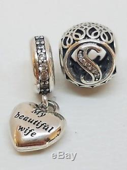 PANDORA Dangle Charm My Beautiful Wife heart 791524CZ and LETTER S with POUCH