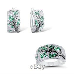 Plum Branch 925 Silver Emerald Ruby & White Topaz Hoop Wedding Jewelry Earrings