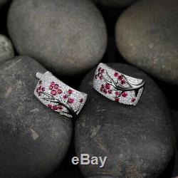 Plum Branch 925 Silver Emerald Ruby & White Topaz Hoop Wedding Jewelry Earrings