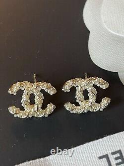 Preowned CHANEL Gold Tone Crystals Mini CC logo Swirl Faux Pearls Earrings