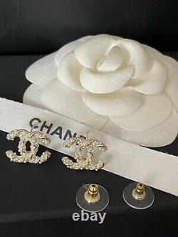Preowned CHANEL Gold Tone Crystals Mini CC logo Swirl Faux Pearls Earrings
