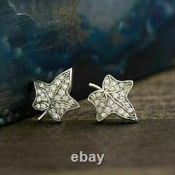 Pretty 3.00 Ct Round Cut Moissanite Leaf Stud Earrings 14K White Gold Plated