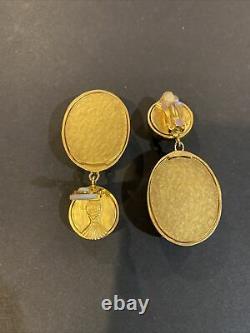 Rare Beautiful Statement Karl Lagerfeld KL Gold Tone Clip Dangle Earrings