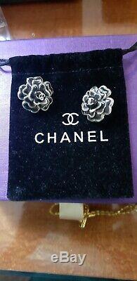 Rare CHANEL CC Logos Camellia Earrings Black Clipons in box with gift bag