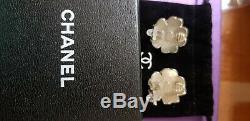 Rare CHANEL CC Logos Camellia Earrings Black Clipons in box with gift bag