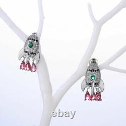 Rocket Engagement Sparkle Fashion Jewelry Earrings 14K White Gold 1.8 Ct Emerald