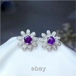 Round Cut Simulated Purple Amethyst Women's Stud Earrings 14k White Gold Plated