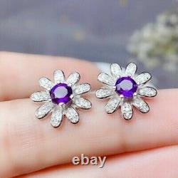 Round Cut Simulated Purple Amethyst Women's Stud Earrings 14k White Gold Plated