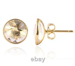 Round Quartz Briolette Cut 10mm Stone Yellow Gold Plated Bezel Set Stud Earrings