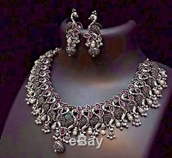 Silver Oxidised Tone Zircon Statement Necklace Set Indian Ethnic Tribal Jewelry2