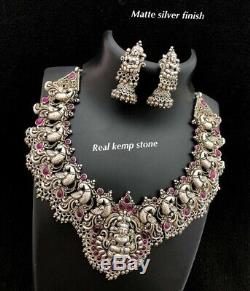 Silver Oxidised Tone Zircon Statement Necklace Set Indian Ethnic Tribal Jewelry4