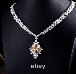 Simulated Diamond & Yellow Citrine Necklace Earrings Set 18k White Gold Finish