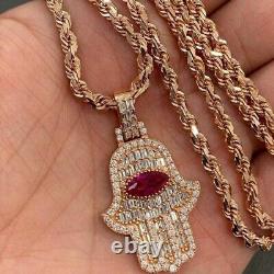 Simulated Ruby & Diamond Unisex Hamsa Hand Pendant in Rose Gold Plated Silver