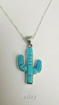 Sleeping Beauty Turquoise/Sterling Silver Cactus Pendant Necklace Reversible