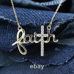 Solid 14K Gold Faith Cross Hope Believe Pendant Necklace With Moissanite 18 Inch