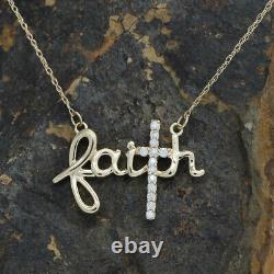 Solid 14K Gold Faith Cross Hope Believe Pendant Necklace With Moissanite 18 Inch