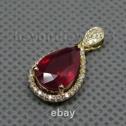 Solid 14K Yellow Gold Diamond Pear 8x12mm Red Ruby Engagement Gemstone Pendant