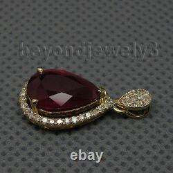 Solid 14K Yellow Gold Diamond Pear 8x12mm Red Ruby Engagement Gemstone Pendant