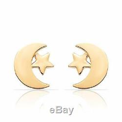 Solid 14k Yellow Gold Adorable Solid Moon and Star Stud Earrings Simple And Cute