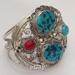 Sterling Silver Natural Sleeping Beauty Turquoise & Coral Feather Cuff Bracelet