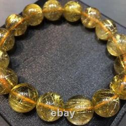 Top Natural Gold Rutilated Quartz Crystal Fashion Round Beads Bracelet 13mm AAAA