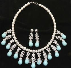Traditional Cubic Zirconia Designer Aqua Pearl Necklace Earring Set 229