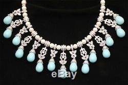 Traditional Cubic Zirconia Designer Aqua Pearl Necklace Earring Set 229