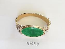 Very beautiful 14K Yellow Gold Oval Jade and CZs Bangle bracelet