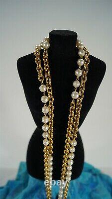 Vintage 1980's CHANEL Gold Chain and Pearl 37 Double Strand Necklace in Box