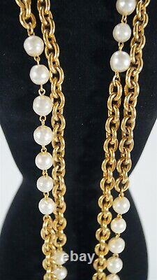Vintage 1980's CHANEL Gold Chain and Pearl 37 Double Strand Necklace in Box