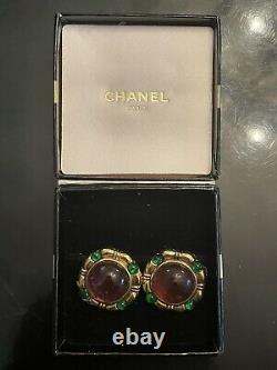 Vintage 1980s Chanel 1983 Gripoix Glass Earrings Gold Plated Stamped With Box