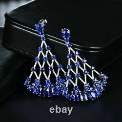 Vintage Art Deco Chandelier Style Earring's 3.55 Ct Sapphire 14K White Gold Over