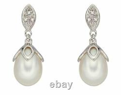 Vintage Style White Gold Pearl & Diamond Drop Earrings, jewellery
