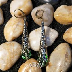 Vintage Women 925 Silver Green Crystar Wedding Jewelry Drop Dangle Hoop Earrings