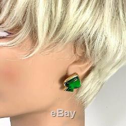 Vintage Yves Saint Laurent YSL Green Poured Glass Gold Tone SPADE Clip Earrings