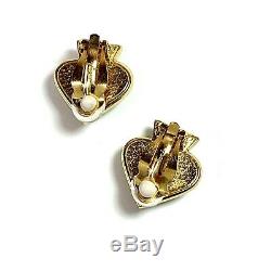 Vintage Yves Saint Laurent YSL Green Poured Glass Gold Tone SPADE Clip Earrings