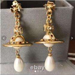 Vivienne Westwood Drop Pearl Earrings Gold orb Brass Ladies beauty no BOX Used