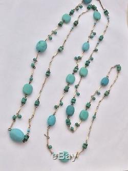 Vtg 54 Sleeping Beauty Turquoise & Glass Bead Gold Bar Long Chain Yard Necklace
